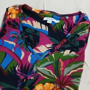 Chico's tropical print sleeveless tank small 100% cotton button collar accents